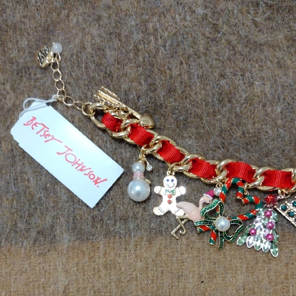 Betsey Johnson Festive Gold Charm Bracelet with Red and Green Accents